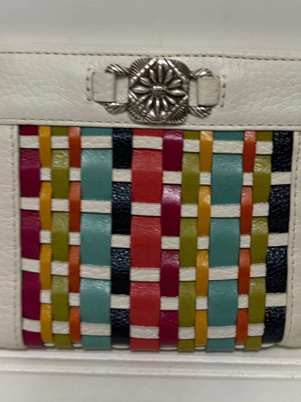 BRIGHTON Barbados White Rainbow Weave Woven Pebbled Leather Bi Fold Wallet